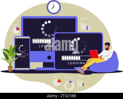 Update concept. Programmer upgrading operation system of computer. Vector illustration. Flat Stock Vector