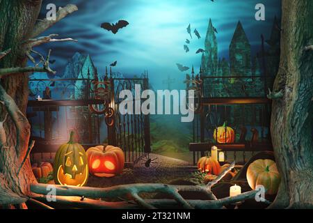 Halloween background with gate to enchanted castle, pumpkins and flying bats in the forest. Beautiful horror night scene. 3D render illustration. Stock Photo
