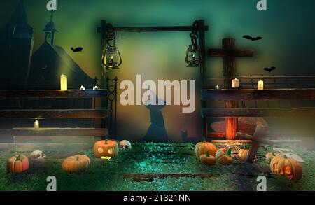 Halloween background with witch, pumpkins and cemetery in the night. 3D render illustration. Stock Photo