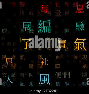 Abstract background. Random characters of Chinese traditional alphabet. Gradient matrix pattern. Contrast blue, orange, green color theme backgrounds. Stock Vector