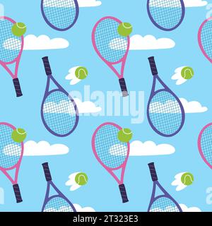 Tennis rackets and balls seamless pattern. Sports theme repeated elements. Professional equipment. Cumulus clouds in sky. Athletic print. Badminton Stock Vector
