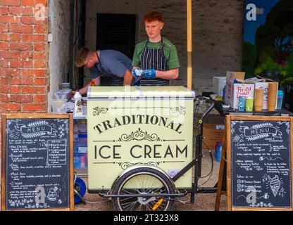 Saintfield, County Down, Northern Ireland, July 16 2023 - Mobile ice cream stall at a market in Rowallane Gardens County Down Stock Photo