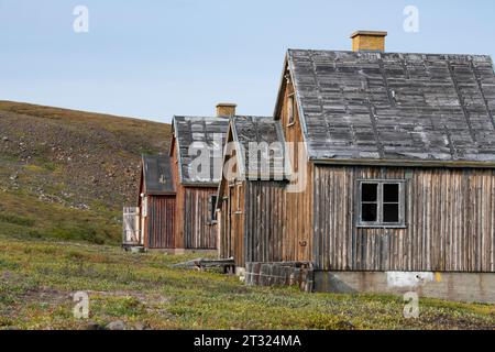 Greenland, Qaasuitsup Municipality, Disko Island, Qullissat. Former coal mining settlement that was in operations for 48 years until closing in 1972. Stock Photo