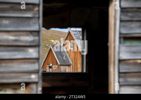 Greenland, Qaasuitsup Municipality, Disko Island, Qullissat. Former coal mining settlement that was in operations for 48 years until closing in 1972. Stock Photo