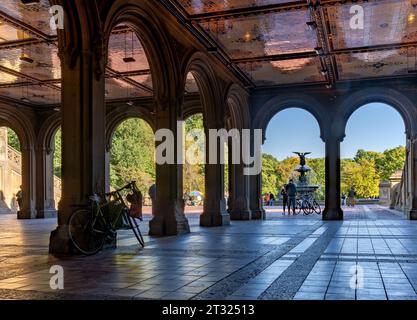 New York, NY - US - Oct 11, 2023 View of Bethesda Terrace, a bi-level, lakeside terrace with a large fountain & carvings representing the seasons & ti Stock Photo