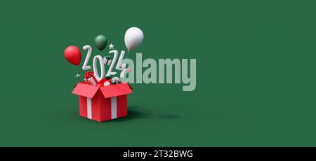 Happy New Year 2024 pop out from the box on green background with copy space 3d render 3d illustration Stock Photo