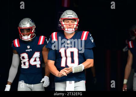 Foxborough, Massachusetts, USA. 22nd Oct, 2023. ; New England Patriots quarterback Mac Jones (10) heads out of the tunnel for a game against the Buffalo Bills in Foxborough, Massachusetts. Eric Canha/Cal Sport Media/Alamy Live News Stock Photo