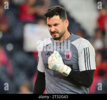 St. Louis, USA. 21st Oct, 2023. St. Louis City goalkeeper Roman Bürki (1) in pre-game drills. The Seattle Sounders defeated STL City in the final regular season Major League Soccer game on October 21, 2023 at CITY Park Stadium in St. Louis, MO, USA. (Photo by Tim Vizer/Sipa USA) Credit: Sipa USA/Alamy Live News Stock Photo