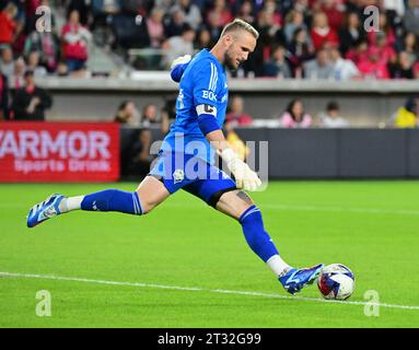 St. Louis, USA. 21st Oct, 2023. Seattle Sounders goalkeeper Stefan Frei (24) clears the ball from the goal area. The Seattle Sounders defeated STL City in the final regular season Major League Soccer game on October 21, 2023 at CITY Park Stadium in St. Louis, MO, USA. (Photo by Tim Vizer/Sipa USA) Credit: Sipa USA/Alamy Live News Stock Photo