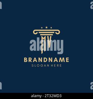 MV monogram initial logo with pillar and stars, legal firm design inspiration Stock Vector