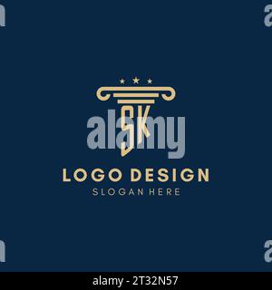 SK monogram initial logo with pillar and stars, legal firm design inspiration Stock Vector
