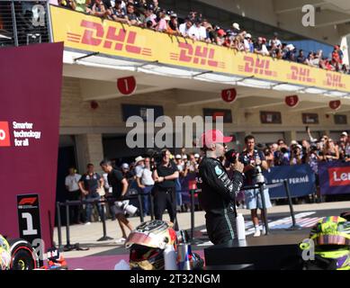 Austin, Usa . 22nd Oct, 2023. Mercedes driver Lewis Hamilton places 2nd at the Formula 1 Lenovo United States Grand Prix at Circuit of the Americas in Austin, TX October 22, 2023. (Photo by Stephanie Tacy/Sipa USA) Credit: Sipa USA/Alamy Live News Stock Photo