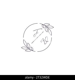 Initials FW monogram wedding logo with simple leaf outline and circle style vector graphic Stock Vector