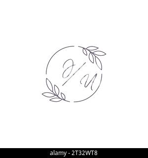 Initials JU monogram wedding logo with simple leaf outline and circle style vector graphic Stock Vector