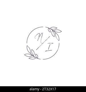 Initials NI monogram wedding logo with simple leaf outline and circle style vector graphic Stock Vector