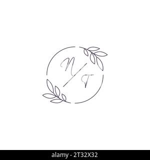 Initials NT monogram wedding logo with simple leaf outline and circle style vector graphic Stock Vector