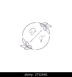 Initials OT monogram wedding logo with simple leaf outline and circle style vector graphic Stock Vector