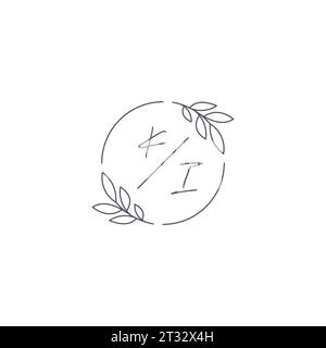 Initials KI monogram wedding logo with simple leaf outline and circle style vector graphic Stock Vector