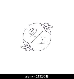 Initials QI monogram wedding logo with simple leaf outline and circle style vector graphic Stock Vector