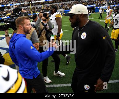 Inglewood, United States. 22nd Oct, 2023. Los Angeles Rams head coach Sean McVay (L) shakes hands with Pittsburgh Steelers head coach Mike Tomlin postgame at SoFi Stadium in Inglewood, California Sunday, October 22, 2023. The Steelers defeated the Rams 24-17. Photo by Jon SooHoo/UPI Credit: UPI/Alamy Live News Stock Photo