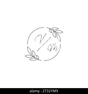 Initials VM monogram wedding logo with simple leaf outline and circle style vector graphic Stock Vector