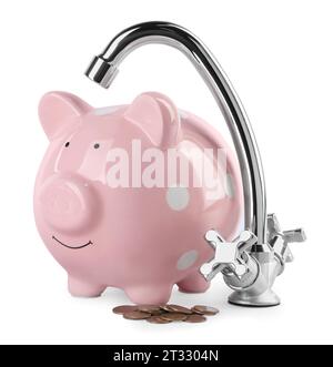 Water scarcity concept. Piggy bank, glass of drink and coins isolated ...
