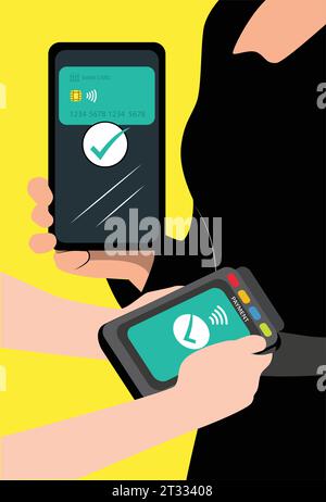 Female Using Cashless, Contactless Payment Shows Cell Phone Stock Vector