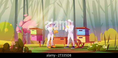 Two beekeepers use smoke to treat frame with beehives near apiary in forest. Cartoon vector illustration of woods landscape with honey farm, man and w Stock Vector