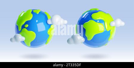 3d render earth planet object world vector icon. Green recycle environment sphere for school. Realistic minimal plastic globe symbol with cloud clipar Stock Vector