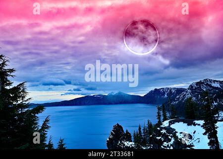 Annular Solar Eclipse 2023 over Crater Lake, Oregon Stock Photo