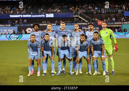 New York City FC starting lineup, Top from left to right: Thiago Martins, Birk Risa, Keaton Parks, James Sands, Thiago Martins, Matthew Freese. Bottom from left to right: Santiago Rodríguez, Julian Fernandez, Tayvon Gray, Kevin O'Toole, Monsef Bakrar before the Major League Soccer match against the Chicago Fire SC at Citi Field in Corona, New York, Saturday, Oct. 21, 2023. (Photo: Gordon Donovan) Stock Photo