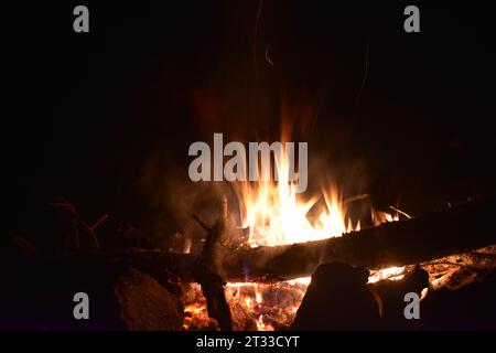 Flames from a campfire glow in the night Stock Photo
