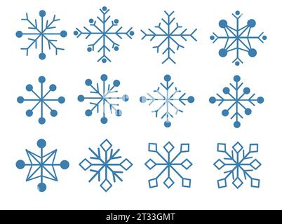 Snowflakes set. Winter collection of blue isolated twelve icons on white background. Vector flat illustration. Stock Vector