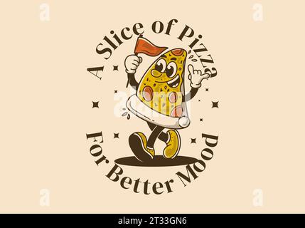 A slice of pizza for better mood. Vintage mascot character illustration of walking pizza, holding a flag Stock Vector