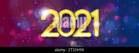 Golden 2021 lettering on blue purple Christmas bokeh background. Abstract New Year greeting card vector design Stock Vector