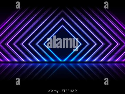 Blue and purple neon laser squares with reflection. Abstract technology ...