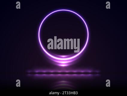 Glowing violet round neon sign with reflection. Abstract technology background. Futuristic luminous vector design Stock Vector