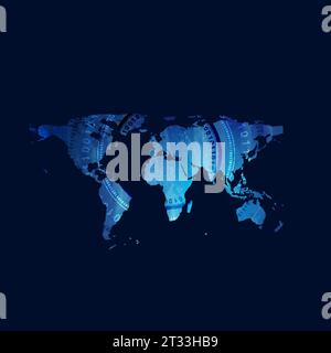 Dark blue grunge world map with round binary code elements abstract background. Watercolor effect vector technology design Stock Vector