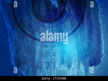Dark blue round binary code on grunge watercolor background. Vector design Stock Vector
