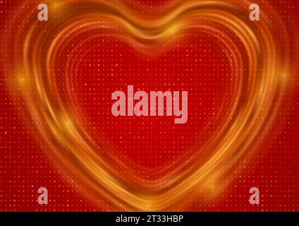 Golden smooth hearts and glitter dots on red background. Abstract Valentines Day greeting card. Vector illustration Stock Vector