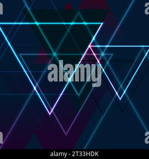 Blue and purple retro neon laser triangles abstract background. Glowing vector design Stock Vector