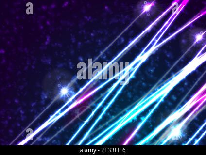 Blue purple neon laser lines and bokeh lights abstract background. Vector design Stock Vector