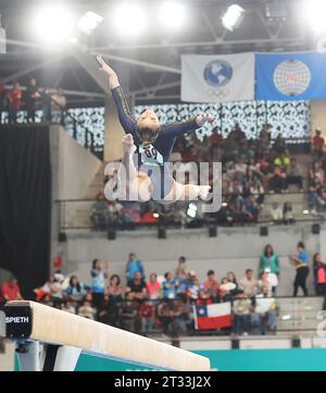 Santiago, Chile. 22nd Oct, 2023. Flavia Saraiva of Brazil in action on the Balance Beam during the women's team final the Artistic Gymnastics of the Santiago 2023 Pan American Games, at National Stadium Sports Park, in Santiago on October 22. Photo: Heuler Andrey/DiaEsportivo/Alamy Live News Credit: DiaEsportivo/Alamy Live News Stock Photo