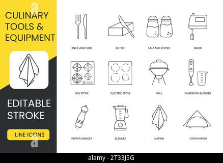 Enhance your culinary experience with this set, including a mixer, salt and pepper, butter, knife and fork, blender, immersion blender, grill Stock Vector