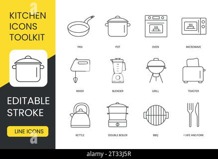 Enhance your culinary skills with this set, including a microwave oven, pot, pan, toaster, grill, blender, mixer, knife and fork, BBQ, double boiler Stock Vector