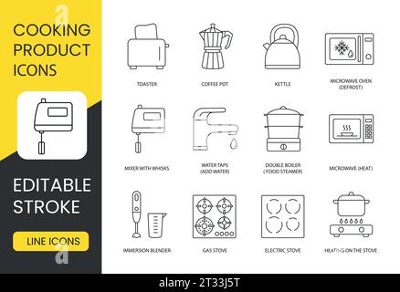 Enhance your culinary skills with this set, microwave oven, defrost, kettle, coffee pot, toaster, heating options, double boiler steamer, water taps Stock Vector