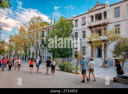 Dionysiou Areopagitou St, a pedestrianized street adjacent to the south slope of the Acropolis in Makrygianni district, Athens, Greece. Stock Photo