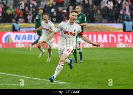 Cologne, Germany. 22nd Oct, 2023. Florian Kainz of FC Cologne celebrates after scoring during the first division of Bundesliga 8th round match between FC Cologne and Borussia Moenchengladbach, in Cologne, Germany, Oct. 22, 2023. Credit: Ulrich Hufnagel/Xinhua/Alamy Live News Stock Photo