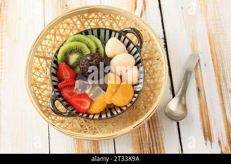 Top View Japanese Sweet Dessert Shiratama Anmitsu on Wooden Table Stock Photo