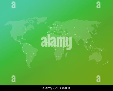 Dotted halftone world map with many highlighted capital cities on a vibrant green color gradient background. Modern, clean and colorful world map. Stock Photo